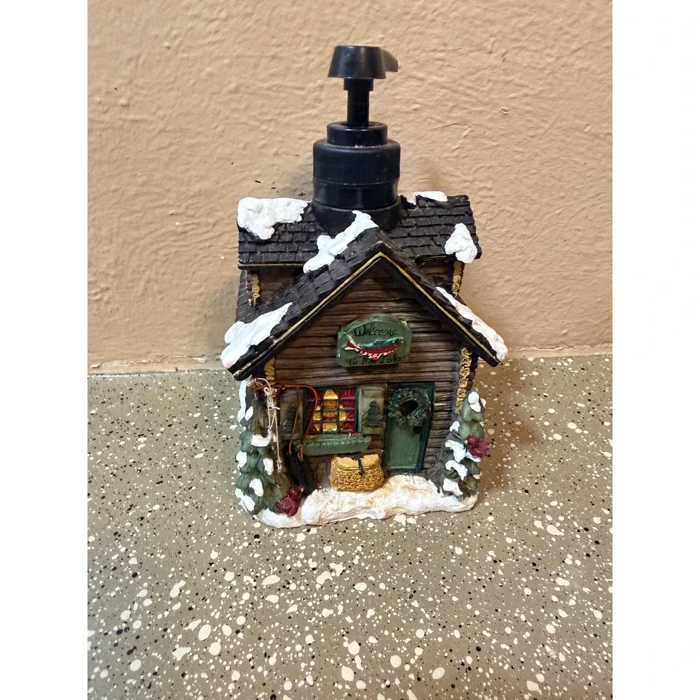 Winter Log Cabin Soap Dispenser Snow Covered Lake Lodge Moose Decor